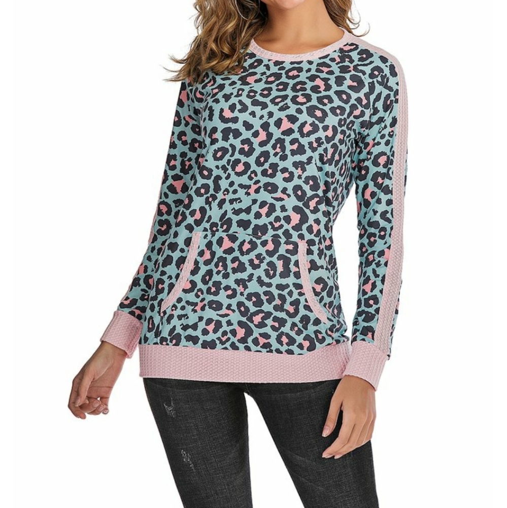 Aqua and pink leopard kangaroo pocket top